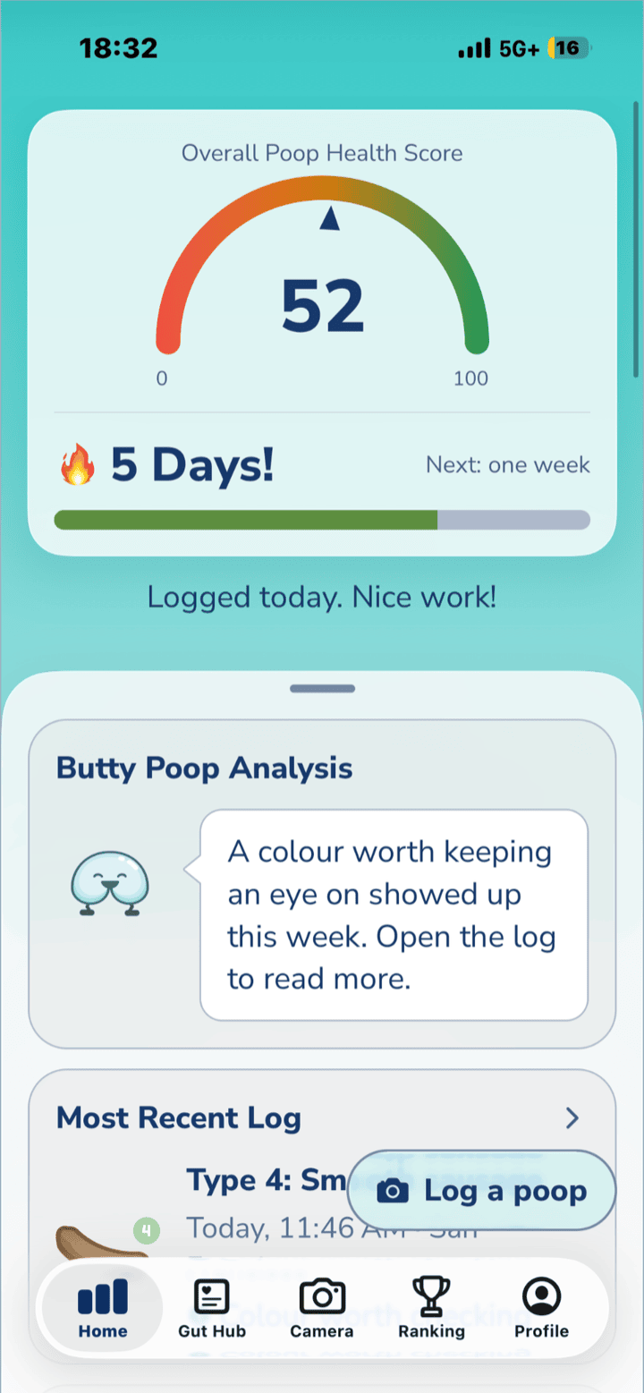 The home screen with a poop health score of 52, a 5-day streak and a note from Butty about colour